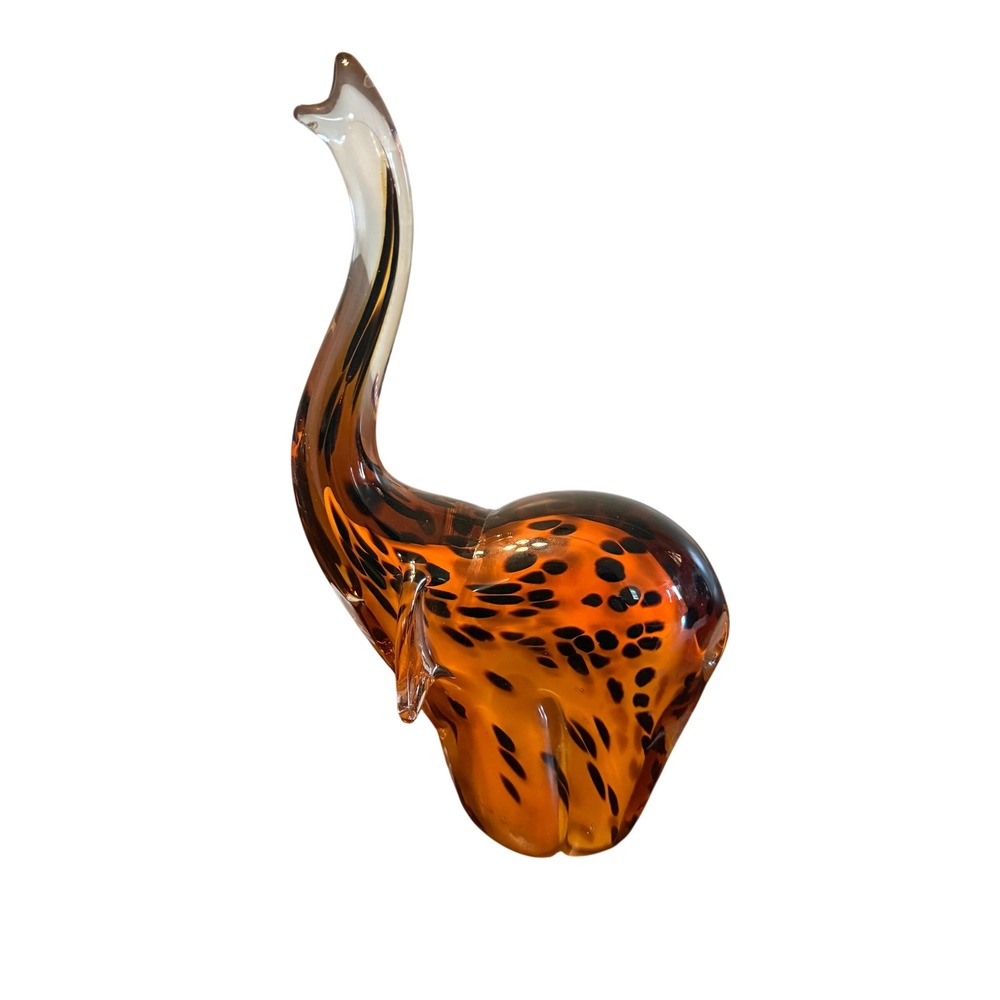 Vintage Murano Style Tortoiseshell Art Glass Elephant Figurine Trunk Up 8.5"